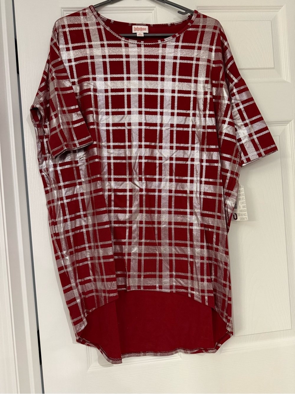 Lularoe Irma Red with silver plaid tunic shirt
